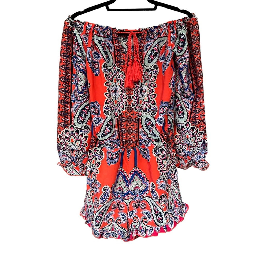 Venus Romper Off The Shoulder Floral Paisley Print Ruffle Long Sleeve - Picture 4 of 11